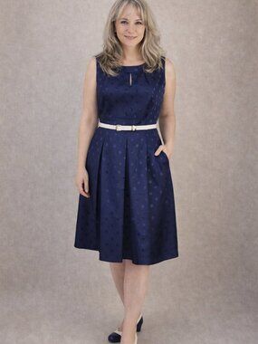 Tahari by Arthur S. Levine Blue Polka Dot Belted Dress 8
